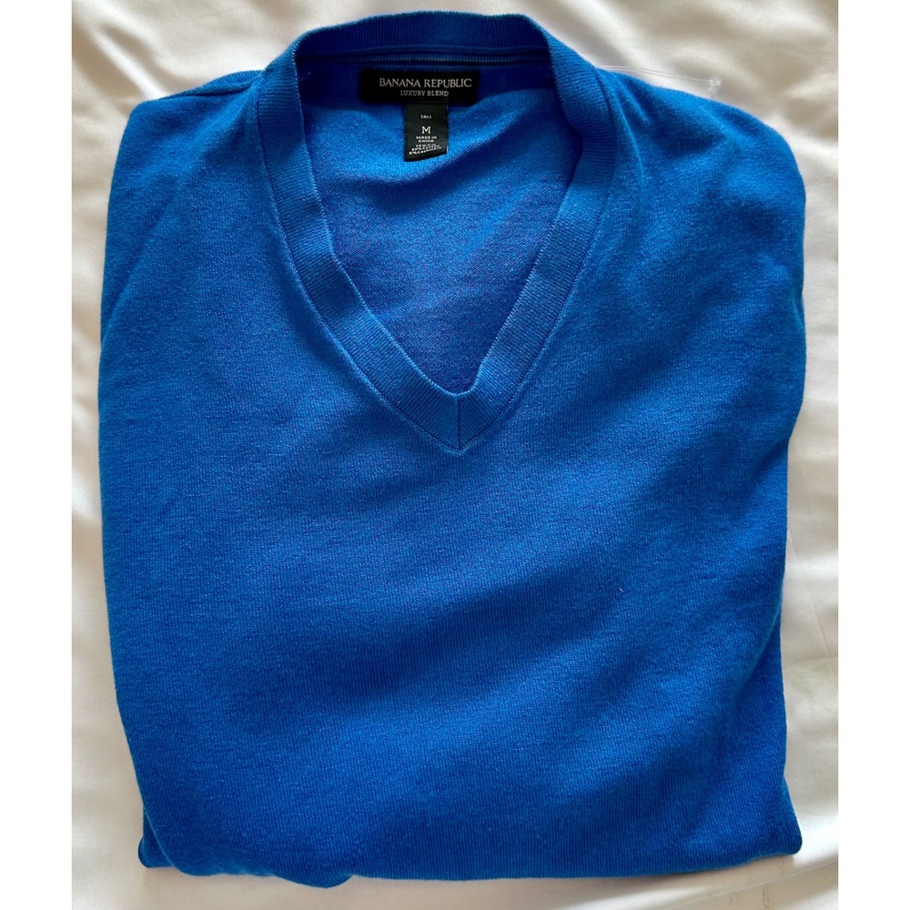 Banana Republic Luxury Blend Silk Cashmere V-Neck Sweater Blue Tall Medium Men